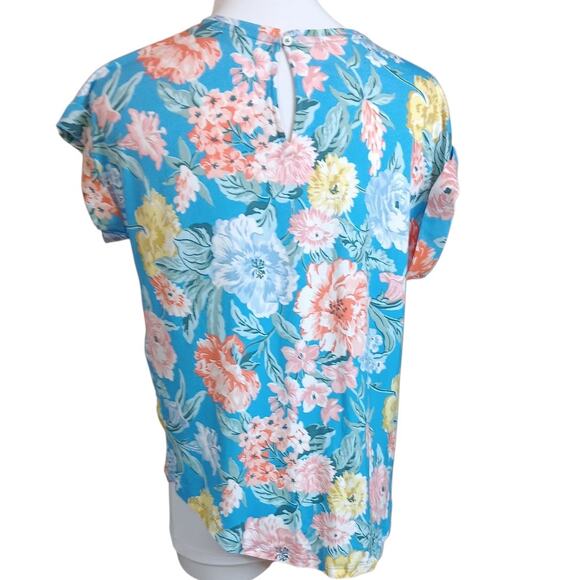 LOFT Pretty Floral Blouse‎ Top Shirt XS Petite Short Sleeve Lace Travel Tropical - Picture 3 of 9